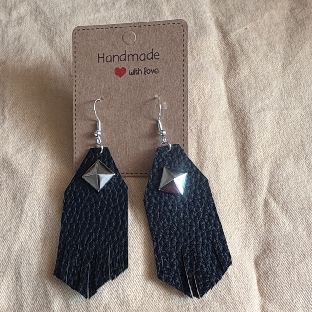 Handmade Black Leather Studded Dangling Earrings